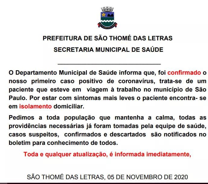 São Tomé das Letras registra primeiro caso de coronavírus