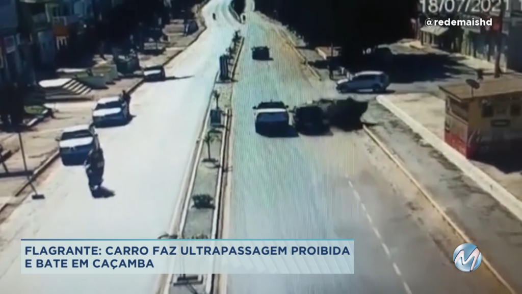 Flagrante em Montes Claros: carro faz ultrapassagem proibida e bate em caçamba