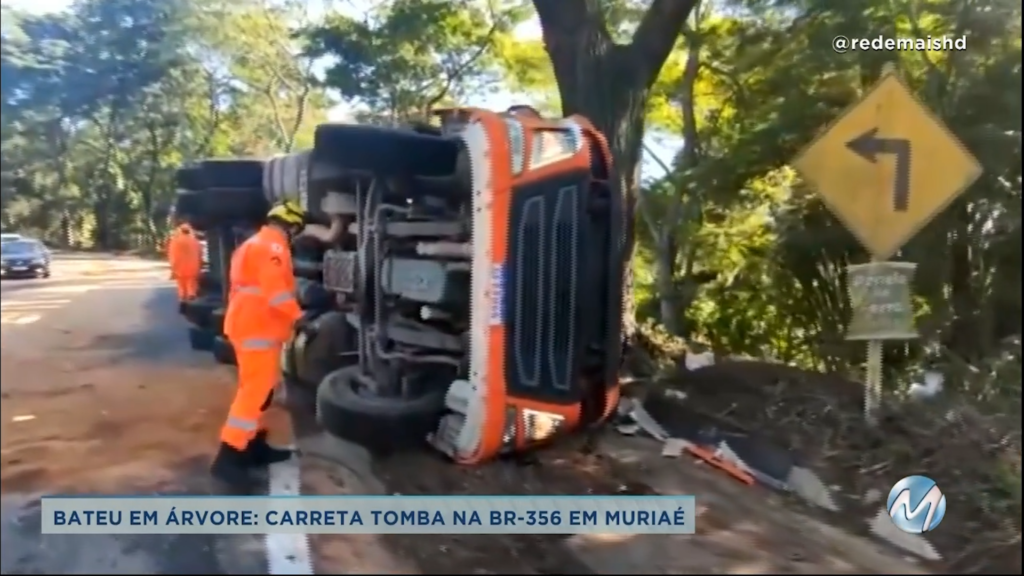 Carreta bate em árvore e tomba em Muriaé