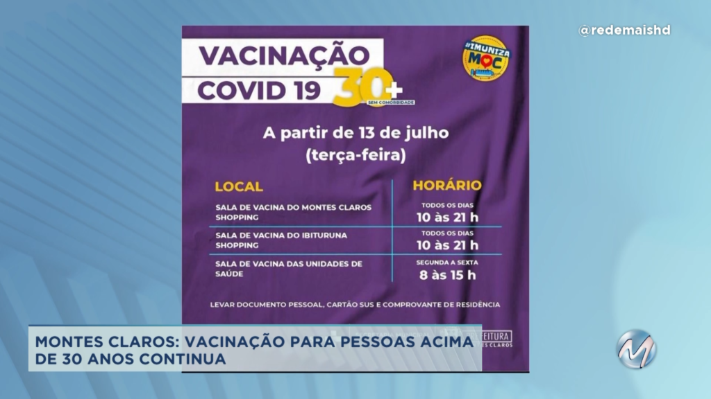 Covid-19: Vacinação para pessoas acima de 30 anos continua em Montes Claros