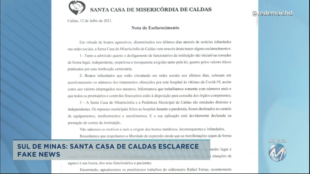 Sul de Minas: Santa Casa de Misericórdia de Caldas esclarece fake news