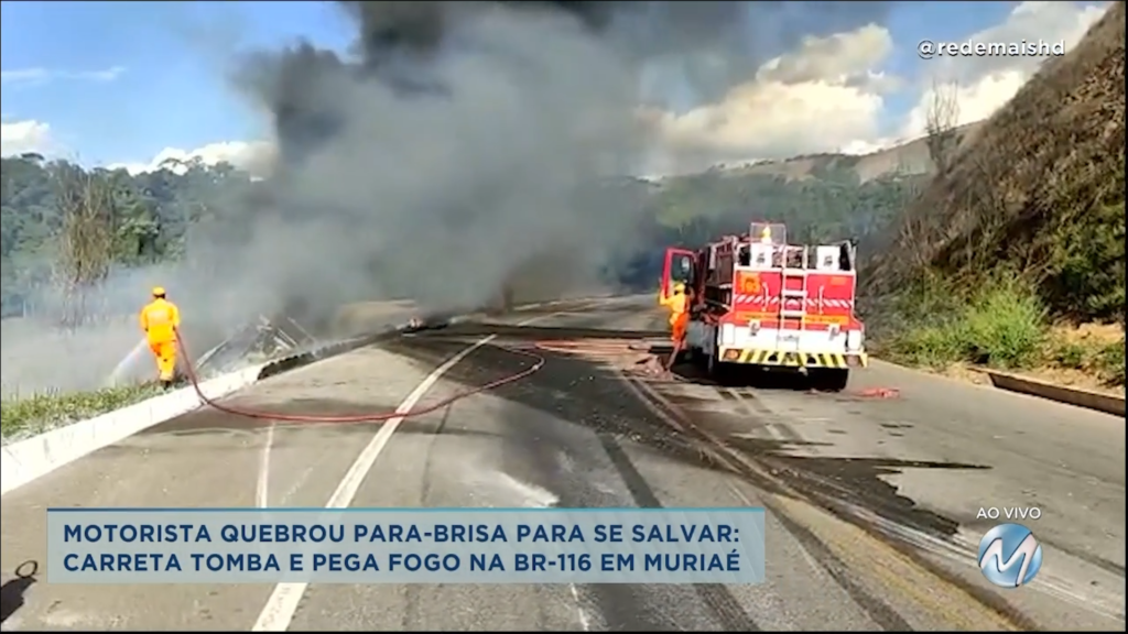 Motorista quebrou para-brisa para se salvar: carreta tomba e pega fogo em Muriaé