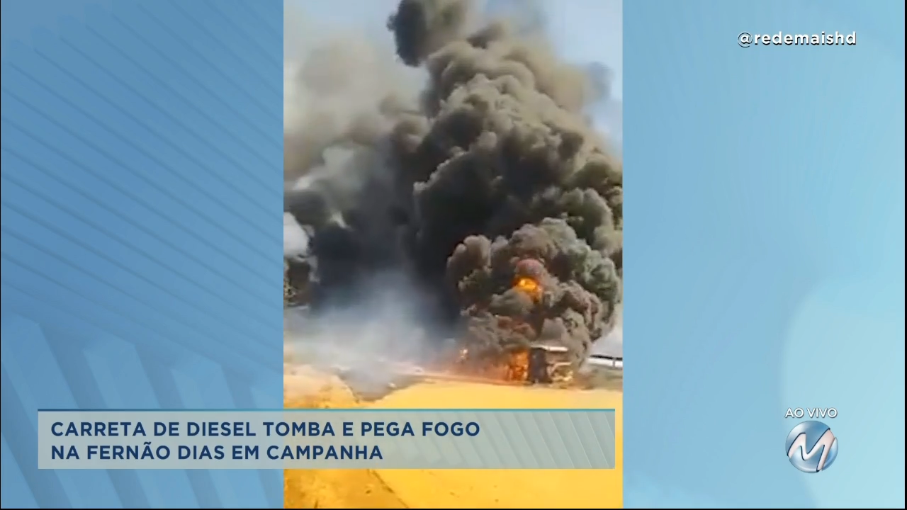 Carreta de diesel tomba e pega fogo na Fernão Dias