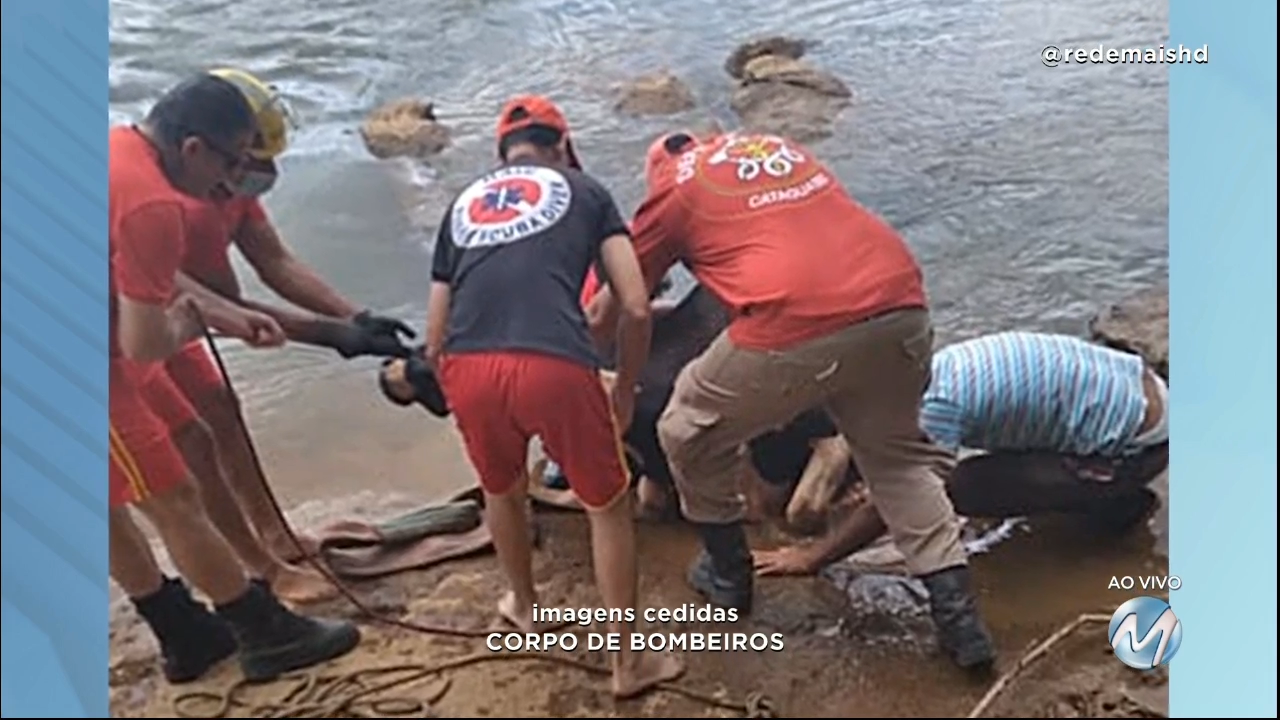 Vaca fica atolada em leito de rio em Cataguases e dá trabalho para bombeiros