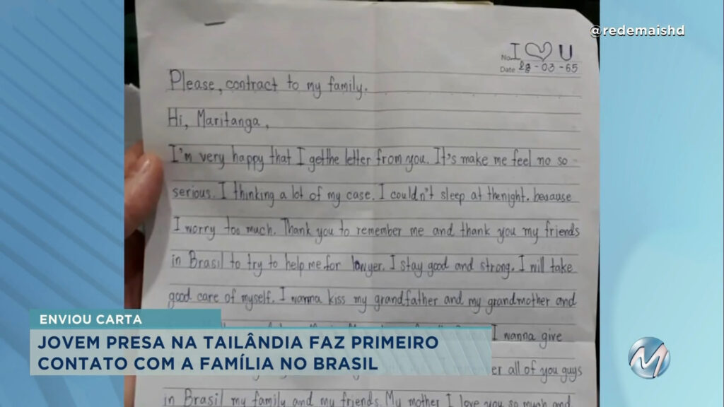 Jovem brasileira presa na Tailândia manda carta para a família em Pouso Alegre