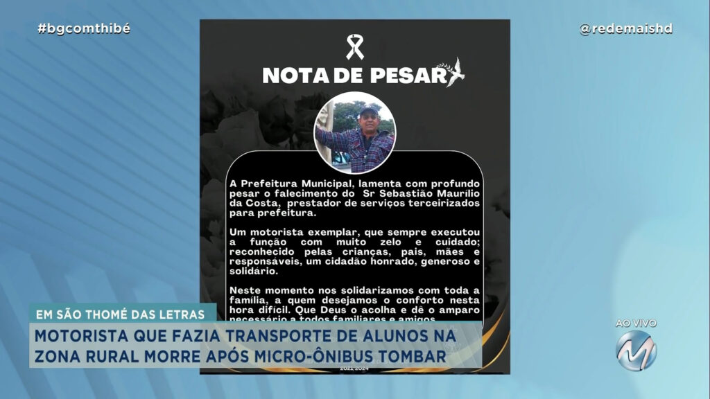 MOTORISTA MORRE APÓS MICRO-ÔNIBUS TOMBAR NA ZONA RURAL DE SÃO THOMÉ DAS LETRAS