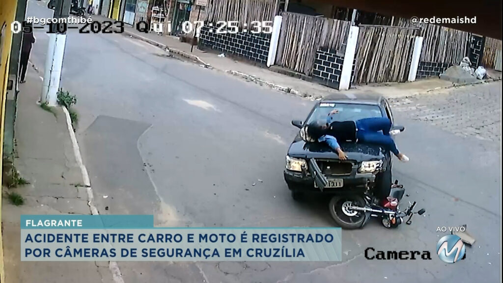 ACIDENTE ENTRE CARRO E MOTO É REGISTRADO POR CÂMERAS DE SEGURANÇA EM CRUZÍLIA