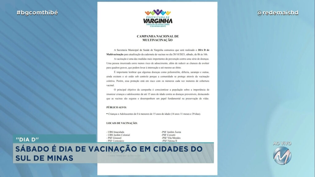 “DIA D”: SÁBADO É DIA DE VACINAÇÃO EM CIDADES DO SUL DE MINAS