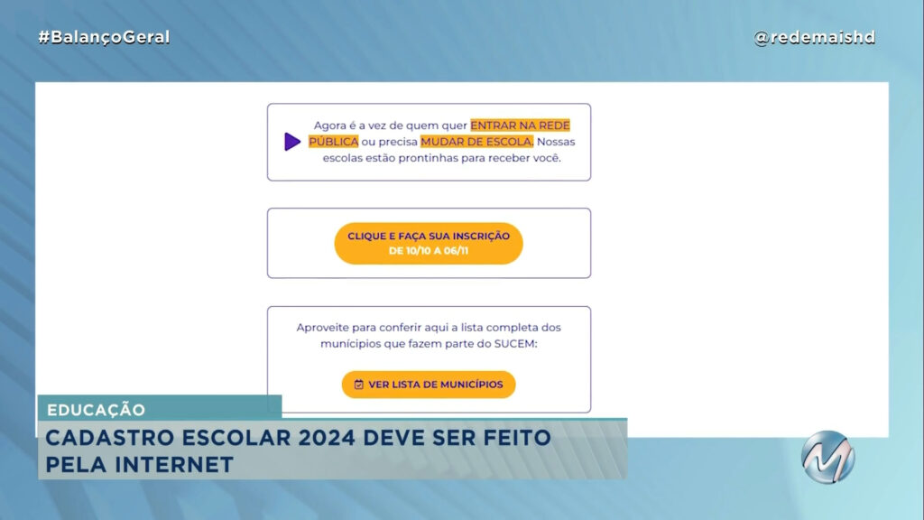 EDUCAÇÃO: PRAZO PARA O CADASTRO ESCOLAR 2024 TERMINA NO DIA 6 DE NOVEMBRO