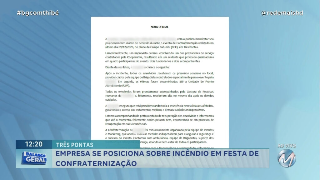 EMPRESA SE POSICIONA SOBRE INCÊNDIO EM FESTA DE CONFRATERNIZAÇÃO EM TRÊS PONTAS