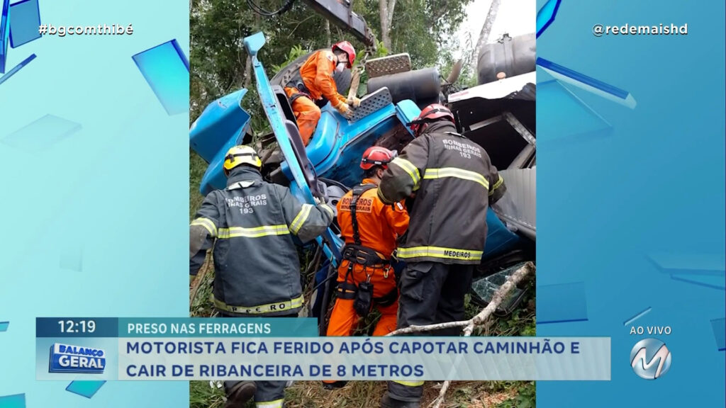 MOTORISTA FICA FERIDO APÓS CAPOTAR CAMINHÃO E CAIR DE RIBANCEIRA DE 8 METROS