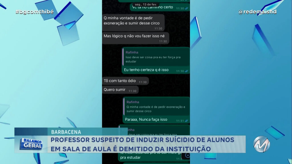 PROFESSOR SUSPEITO DE INDUZIR SUICÍDIO DE ALUNOS EM SALA DE AULA É DEMITIDO EM BARBACENA