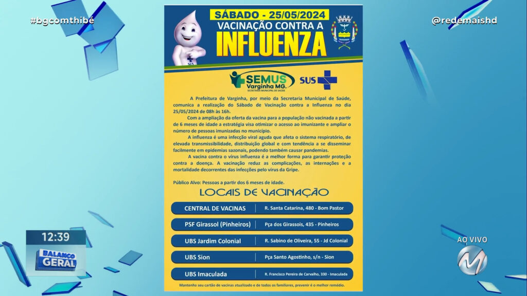 SÁBADO TEM VACINAÇÃO CONTRA INFLUENZA EM VARGINHA