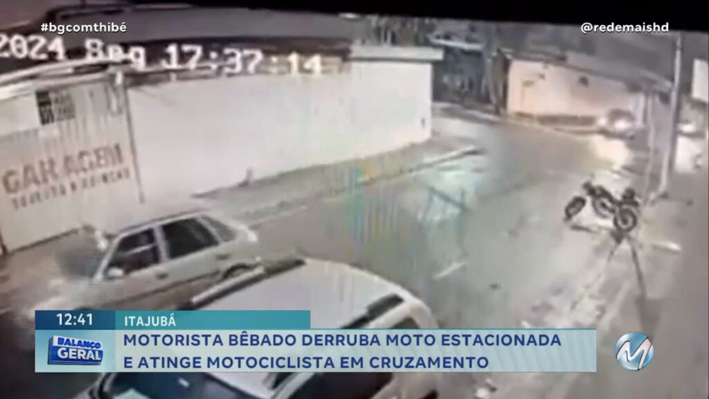 MOTORISTA BÊBADO DERRUBA MOTO ESTACIONADA E ATINGE MOTOCICLISTA EM CRUZAMENTO