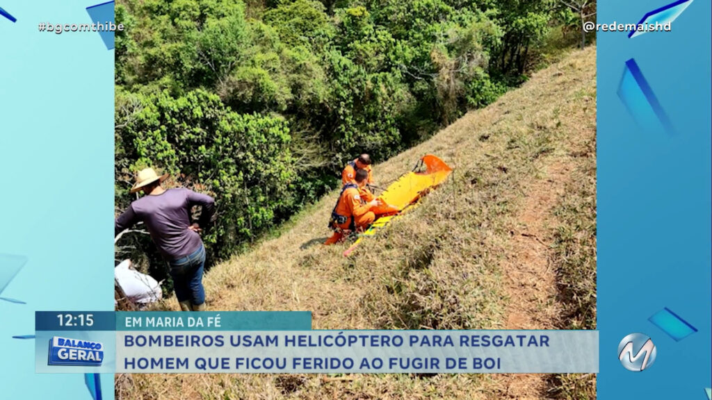 BOMBEIROS USAM HELICÓPTERO PARA RESGATAR HOMEM QUE FICOU FERIDO AO FUGIR DE BOI