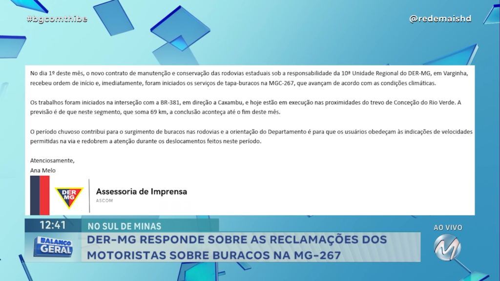 DER-MG RESPONDE ÀS RECLAMAÇÕES DOS MOTORISTAS SOBRE BURACOS NA MG-267