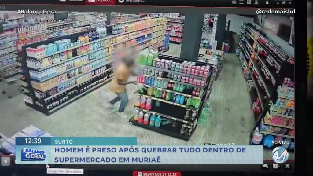 HOMEM É PRESO APÓS QUEBRAR TUDO DENTRO DE SUPERMERCADO EM MURIAÉ