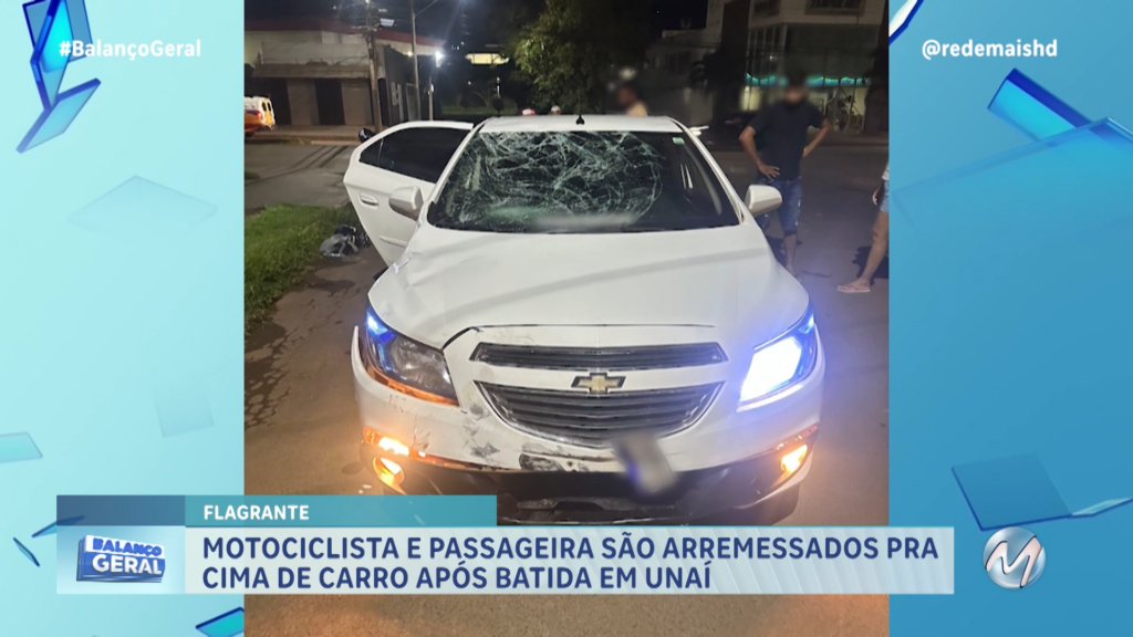 MOTOCICLISTA E PASSAGEIRA SÃO ARREMESSADOS PARA CIMA DE CARRO APÓS BATIDA EM UNAÍ