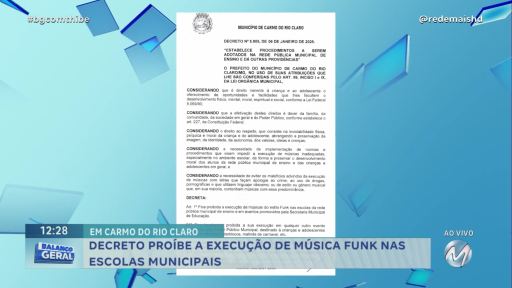 DECRETO PROÍBE A EXECUÇÃO DE MÚSICA FUNK NAS ESCOLAS MUNICIPAIS