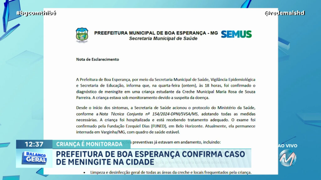 PREFEITURA DE BOA ESPERANÇA CONFIRMA CASO DE MENINGITE NA CIDADE