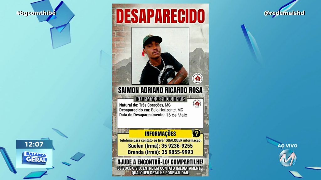 JOVEM DE TRÊS CORAÇÕES DESAPARECE EM BELO HORIZONTE APÓS PEDIR DINHEIRO PARA A FAMÍLIA NO SUL DE MG